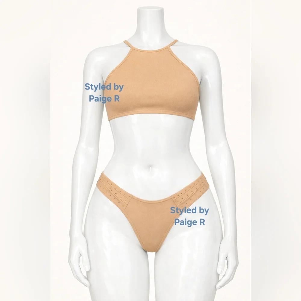 ⛱️NWT SKIMS 2 Piece High neck top Rhinestone Swim Strappy Bikini Nude OCHRE 4X